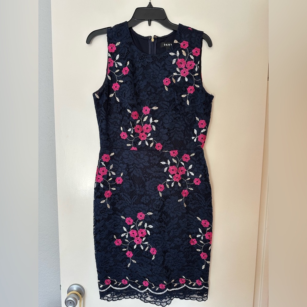 DKNY Midnight Blue Dress with Pink Floral Design Embroidered with Lace